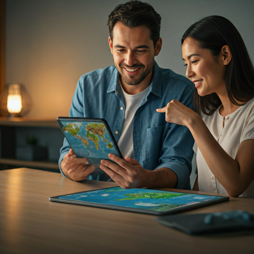 A couple planning their trip together on a tablet showing a world map